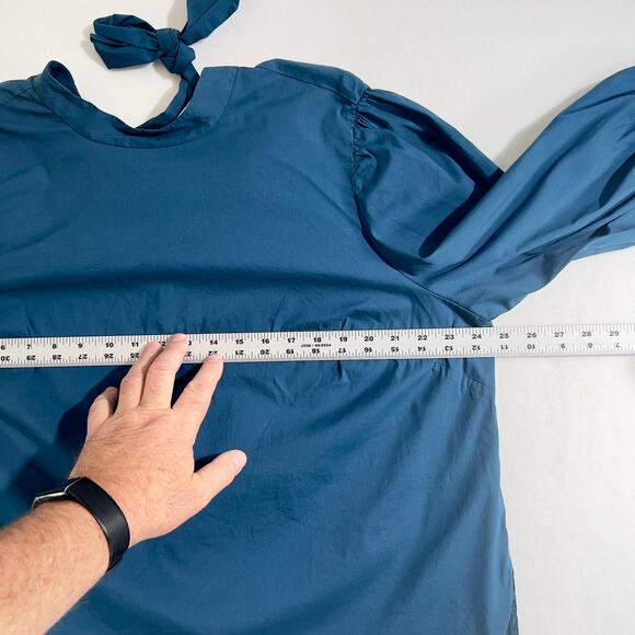 Eloquii Blouse Top Woman 18 Blue Elastic Cuffs Tie Back Plain Front w/ Darts - Picture 8 of 16